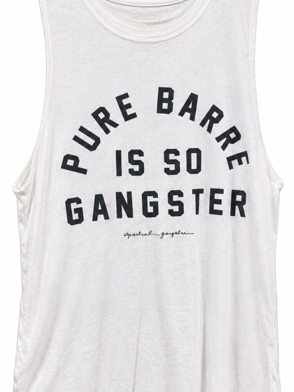 2-PB tanks-Spiritual Gangster White Tank with Black 'Pure Barre Is So Gangster'